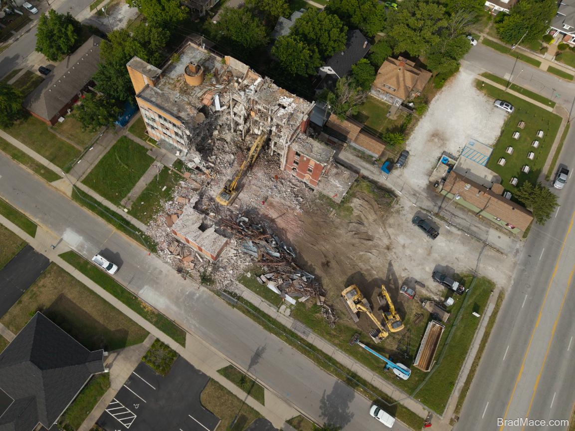 Drone photo of partially demolished residential building