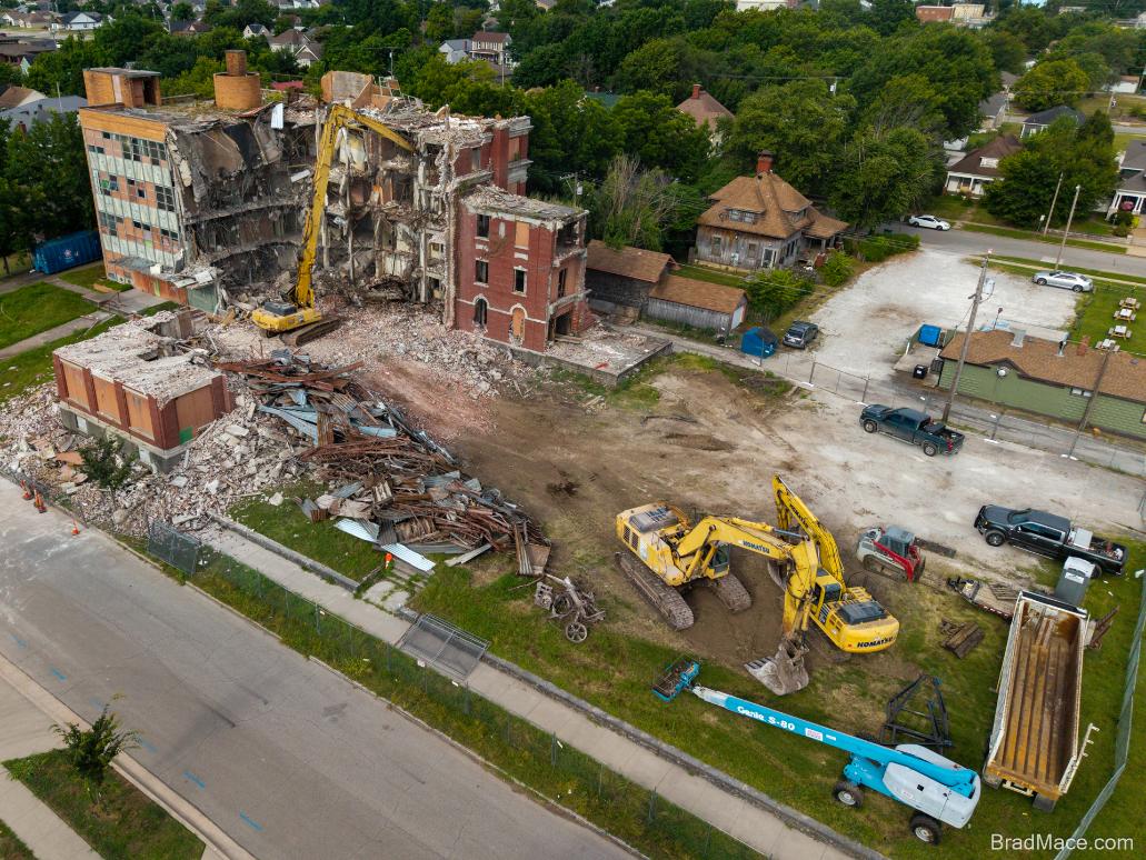 Aerial drone photo of urban demolition site